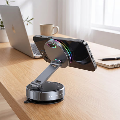 MagMount magnetic wireless charger on wooden desk with MacBook — home office setup