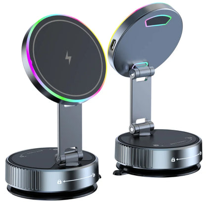 MagnMount magnetic wireless car charger with RGB ambient light ring — two angles on white background


