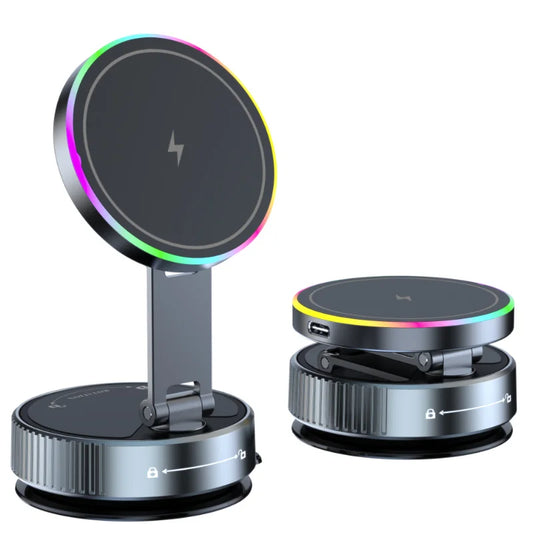 MagnMount magnetic wireless charger shown in upright and folded position — front and back view