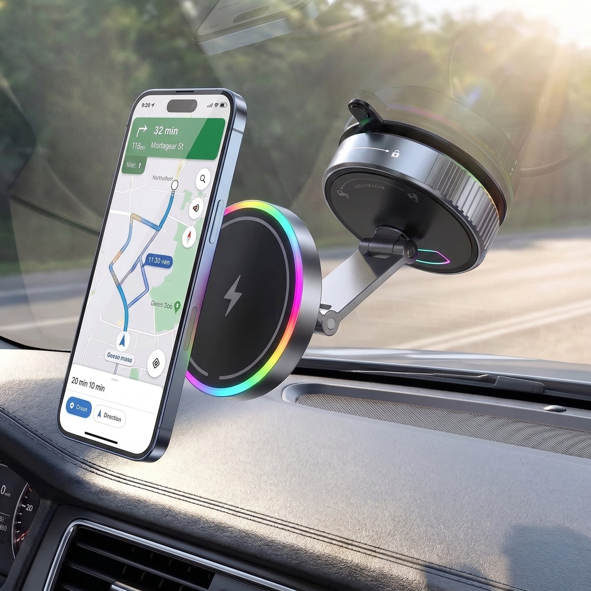 MagMount magnetic wireless car phone mount with iPhone showing Google Maps navigation on windshield