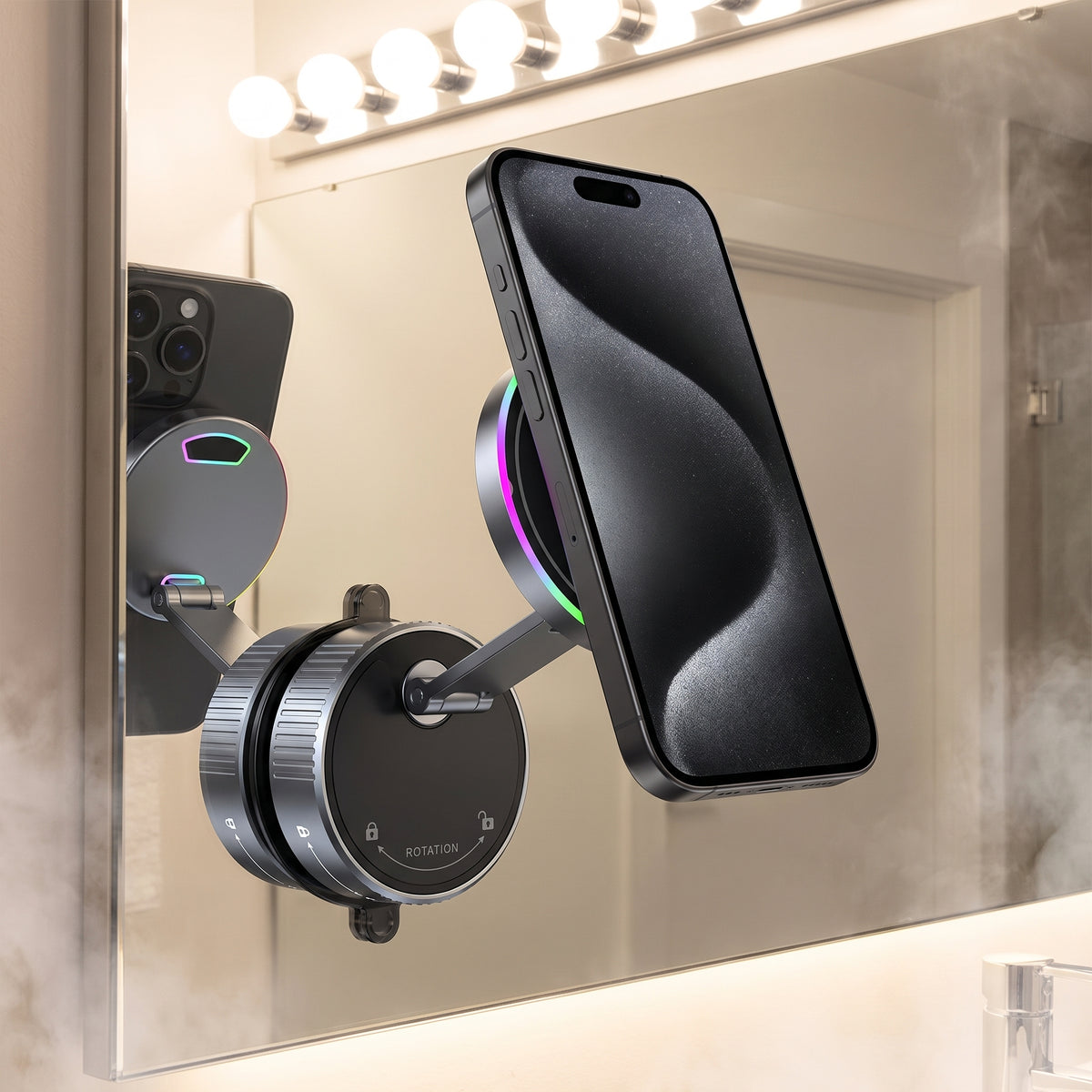 MagMount wireless phone charger mounted on bathroom mirror with iPhone — RGB ambient light ring
