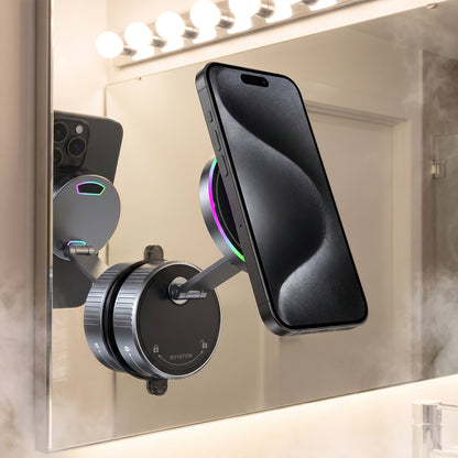 MagMount wireless phone charger mounted on bathroom mirror with iPhone — RGB ambient light ring